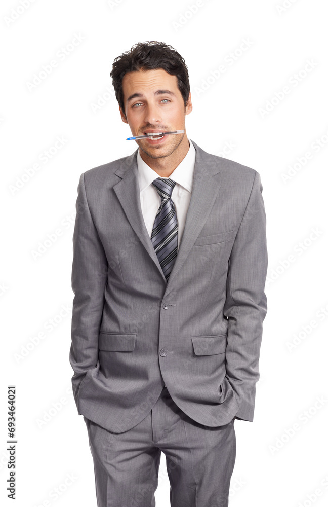 Portrait, business and suit with a young man, hands in pockets, in studio isolated on a white background. Corporate, professional or formal and a model employee at a company with a pen in his mouth Portrait, business and suit with a young man, hands in pockets, in studio isolated on a white background. Corporate, professional or formal and a model employee at a company with a pen in his mouth