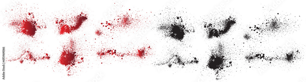 Collection of halloween bloody red splatter spot and bleeding red paint. Set of black blood splatter background. ink splat