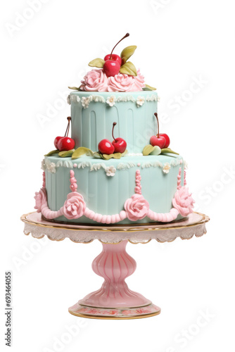Sweet Dessert Pastry: Retro vintage cake Lambeth style decor with ruffle flowers and cherry on isolated white background