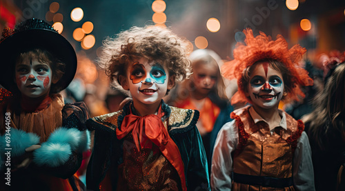 colorful children dressed in costumes at festival halloween night photo