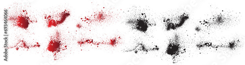 Collection of halloween bloody red splatter spot and bleeding red paint. Set of black blood splatter background. ink splat