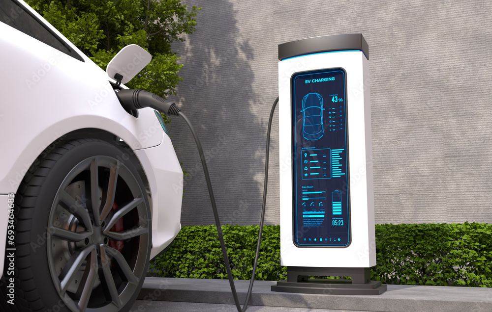 Electric cars Charging at the charging station, Electric power is an alternative fuel. 3D illustration