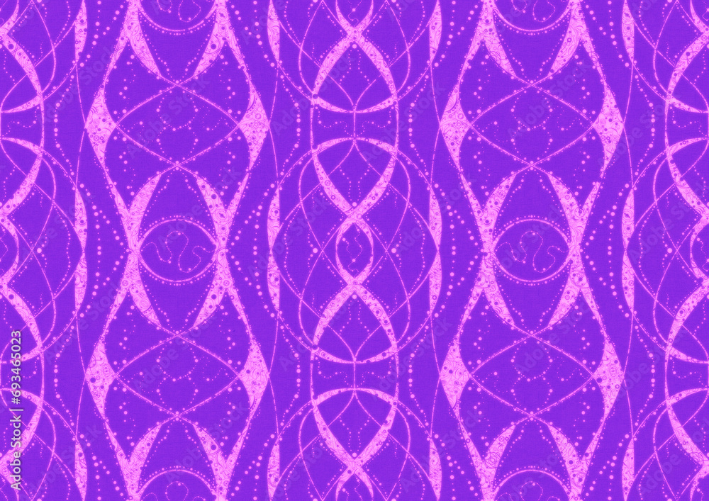 Hand-drawn abstract seamless ornament. Neon purple (proton purple) background and glowing pink pattern on it. Cloth texture. Digital artwork, A4. (pattern: p10-4b) Hand-drawn abstract seamless ornament. Neon purple (proton purple) background and glowing pink pattern on it. Cloth texture. Digital artwork, A4. (pattern: p10-4b)