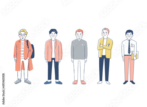 さまざまな男性5人　全身