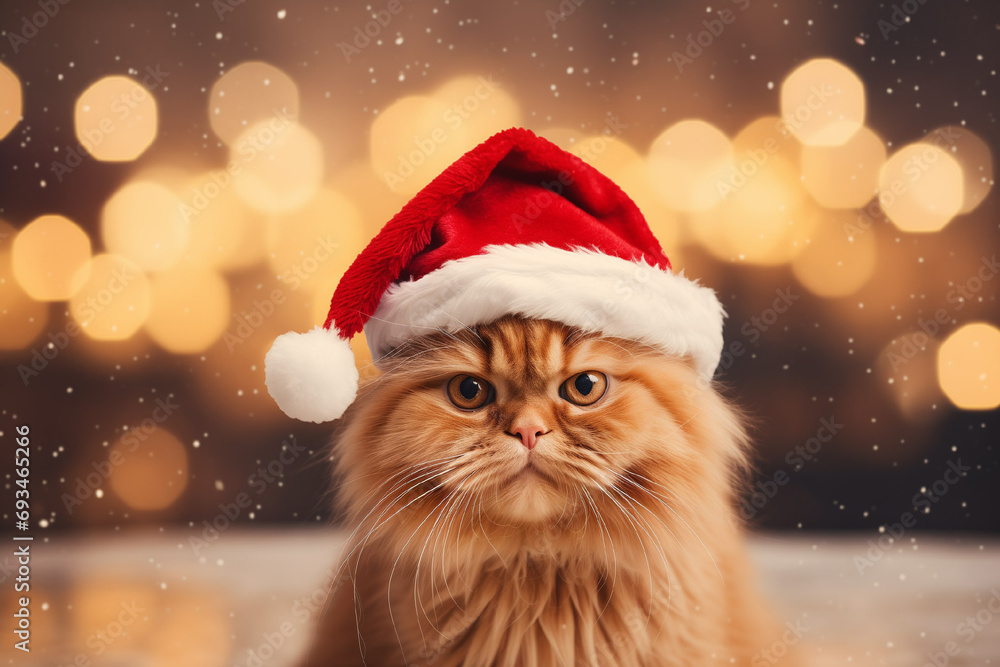 A Ginger cat in a Christmas cap against a background of lights celebrates Christmas. Portrait close-up. A Ginger cat in a Christmas cap against a background of lights celebrates Christmas. Portrait close-up.