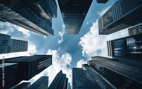 Looking up to the sky with skyscrapers  modern office buildings