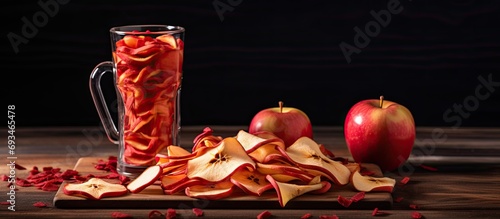Dried apple slices on wooden table with red smoothie glass. photo
