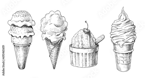 Set of ice cream drawings black and white, like pencil drawing. Vector illustration