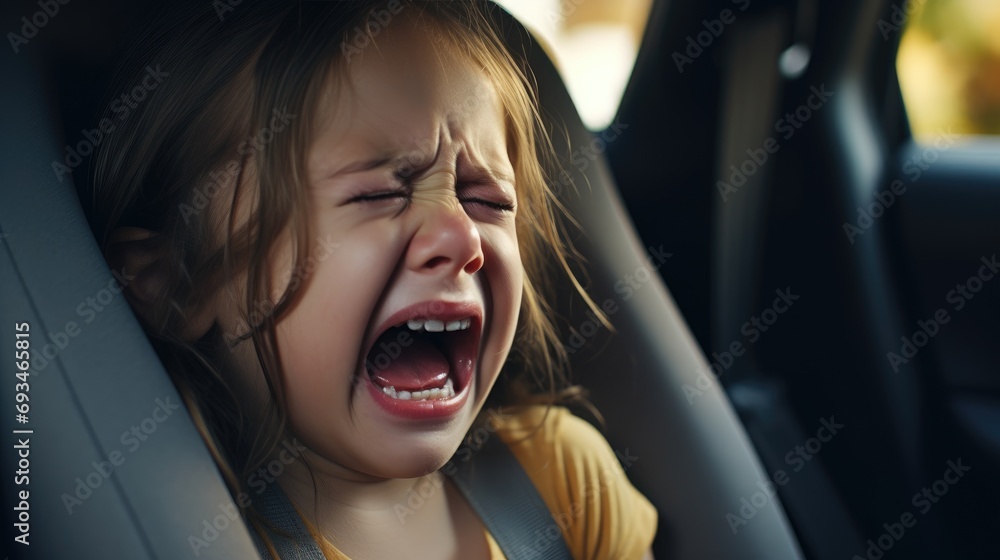 A small girl crying on a back seat of car - obrazy, fototapety, plakaty 