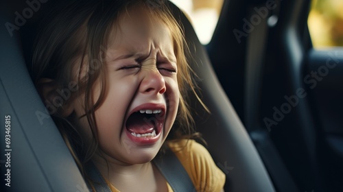 A small girl crying on a back seat of car