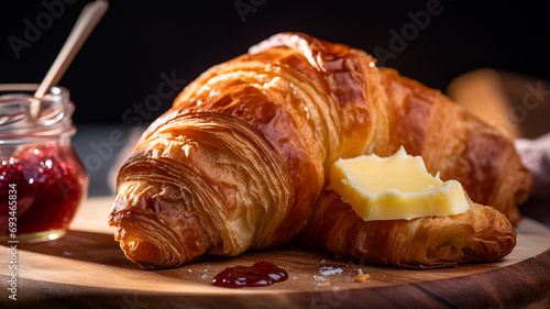 croissant with butter and jam photo