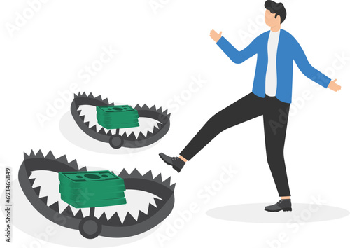 Financial money trap, risk in investment, ponzi scheme or business pitfall concept, businessman investor running and jumping into lore money pitfall or mouse trap with big money dollar sign bait.

