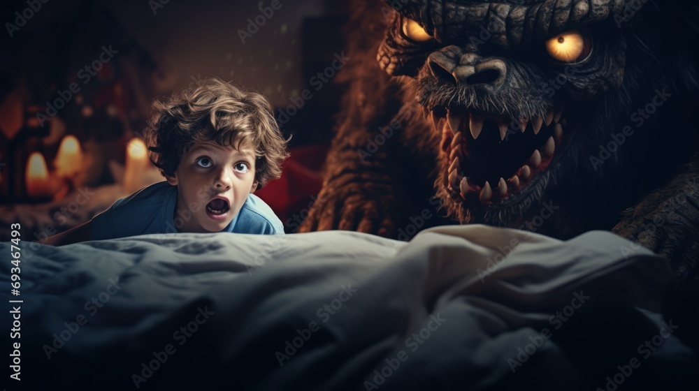 a boy of European appearance was very frightened, imagines, is afraid alone in a dark room. concept of childhood fears, monsters, children's psychology - obrazy, fototapety, plakaty 
