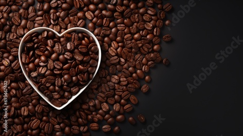 Roasted coffee beans with a heart shape plate on a black background banner with copy space for text. love concept