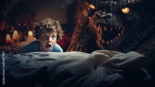 a boy of European appearance was very frightened, imagines, is afraid alone in a dark room. concept of childhood fears, monsters, children's psychology photo