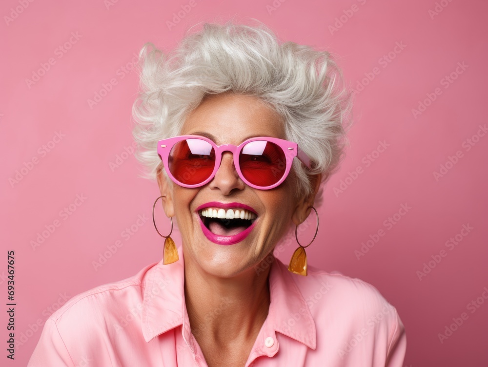 Portrait of a happy senior woman with pink sunglasses and gold earrings with precious stones over pink background. Beauty, fashion model. Portrait of a happy senior woman with pink sunglasses and gold earrings with precious stones over pink background. Beauty, fashion model.