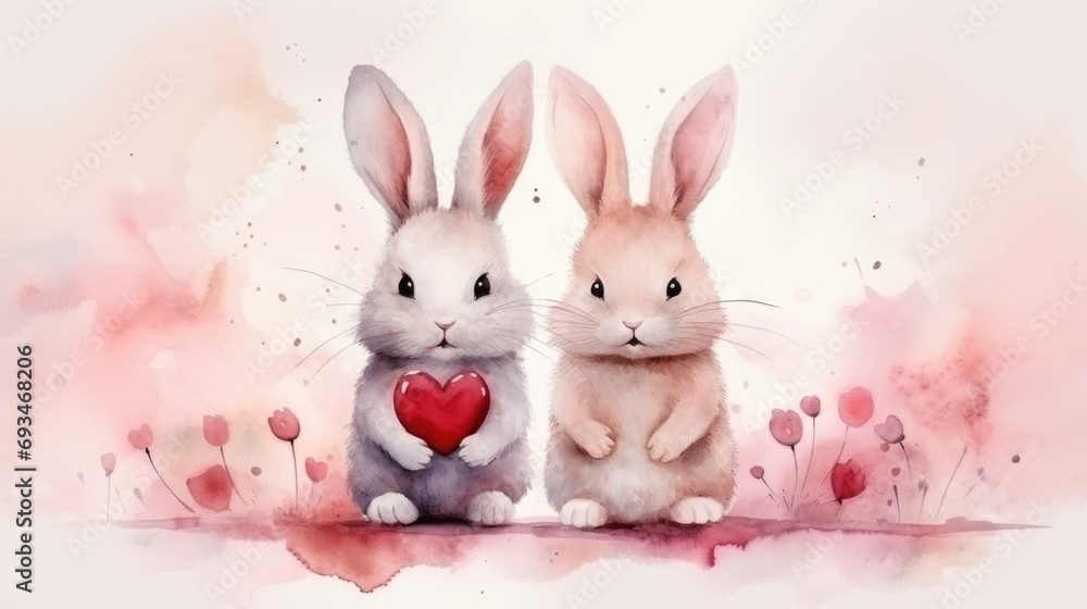 Obraz premium Two light watercolor bunnies on soft pink background, one holding a red heart, surrounded by floating hearts. Concept of love and gentle expression