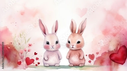 Two cute lovers bunnies and hearts. Watercolor hand drawn illustration, greeting card with space for text