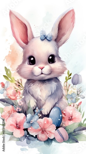 Easter greeting card with cute bunny and pink flowers on the light background. Watercolor painting. Happy Easter