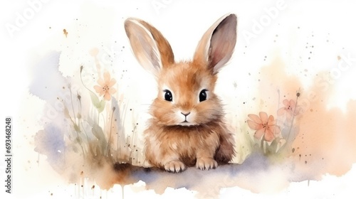 Cute little rabbit on a white background. Watercolor hand drawn illustration, greeting card with space for text