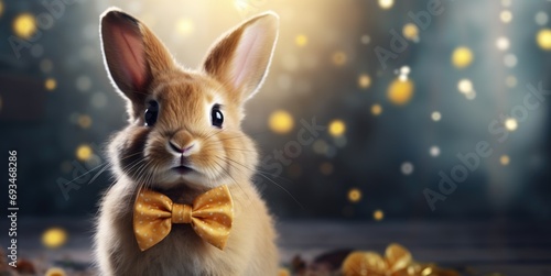 Cute Easter bunny ginger rabbit with the golden bow tie on blurred bokeh background with copy space, closeup greeting card