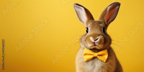 Easter bunny ginger rabbit with a bow tie on yellow background with copy space. Place for text.
