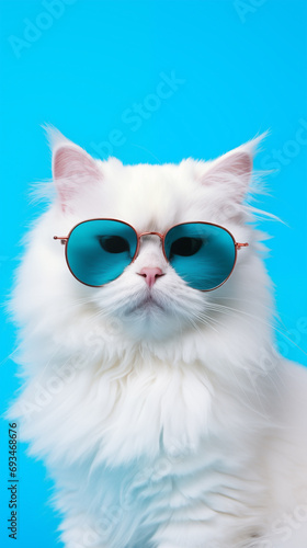 Portrait cool cat concept design, white cat wearing eyes glasses isolated on background, blue texture on background, iOS background style,