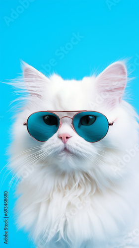 Portrait cool cat concept design, white cat wearing eyes glasses isolated on background, blue texture on background, iOS background style,