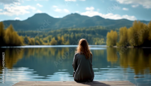 woman sitting in the edge jetty mountain lake