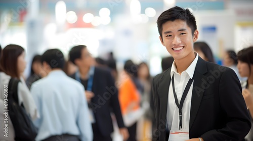 Wallpaper Mural Young man at a conference wearing a black suit and a lanyard, smiling at the camera. Torontodigital.ca