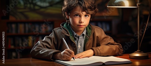 Elementary school student engaged in various academic activities like reading, writing, and drawing, either in a school or home setting. photo