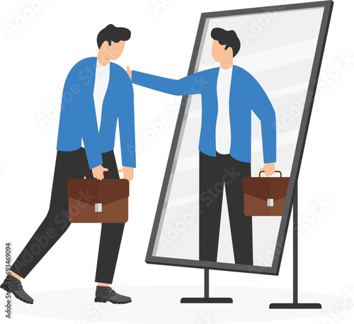 Self esteem or self care, believe in yourself improving confidence, respect in your strong attitude concept, frustrated businessman looking at the mirror with his shadow encourages his confidence.

