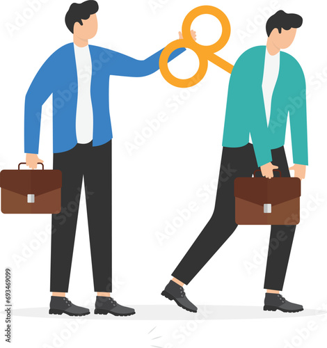 Exhausted employees recharged, power up or wind up to stimulate or motivate fatigue, manager big hand turn wind up key or winder clockwork to motivate businessman office worker.

