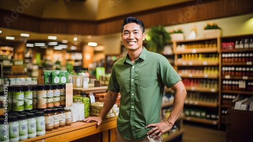 Wallpaper Mural A cheerful man in a green shirt standing in a health food store Torontodigital.ca