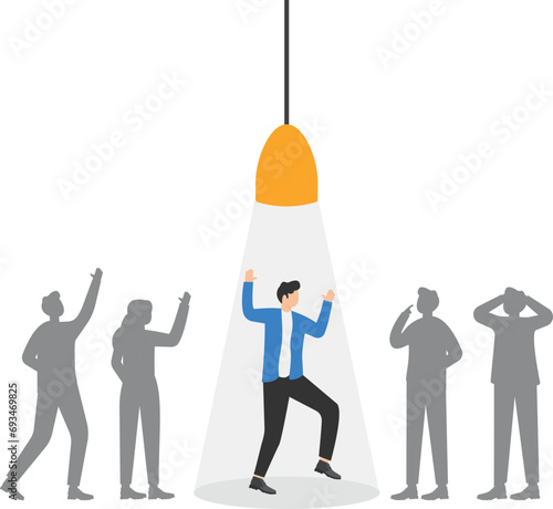 HR recruiting competition. Talented male professional candidate in light spot. Modern vector illustration in flat style

