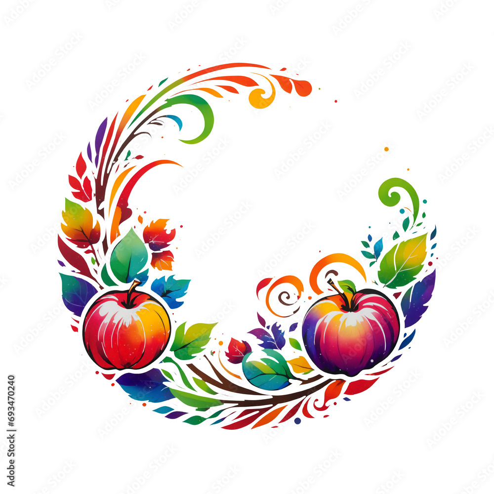 a colorful art of tree branch leaf and apple 