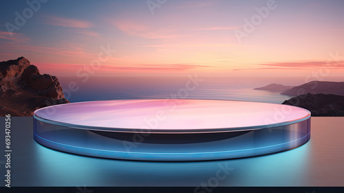 3d empty  round  transparent glass stage podium for presentation on nature  sunset background, Empty  mockup showcase for cosmetic product  promotion sale,Spa and beauty mockup.  © Planetz