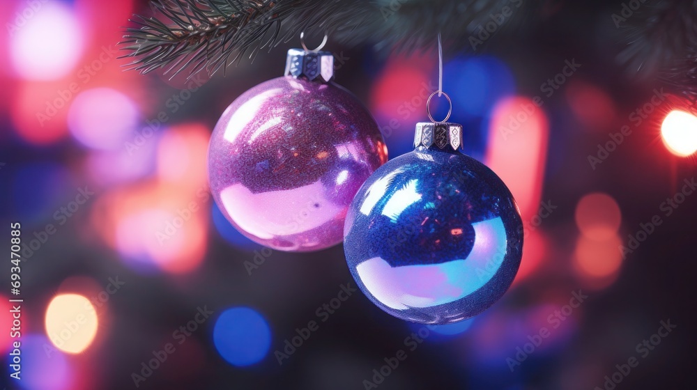 Christmas glass pink and blue neon balls on a Christmas tree with bokeh lights background Christmas glass pink and blue neon balls on a Christmas tree with bokeh lights background