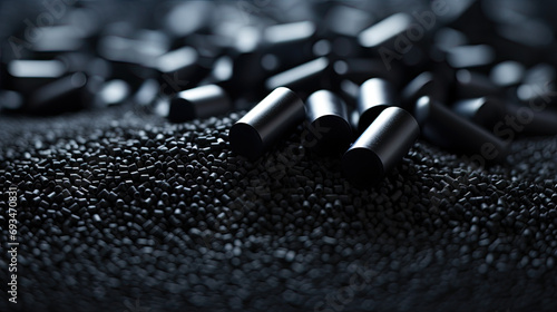 close up of a black surface, 3d black tiny plastic cylindrical grains , black plastic polymer pellets,polymer for pipes,  Plastic and polymer industry, industry. Microplastic products. photo