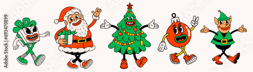 Retro style Christmas cartoon characters. Groovy vintage 30s funny Santa Claus, Elf, gift, ball and Christmas tree