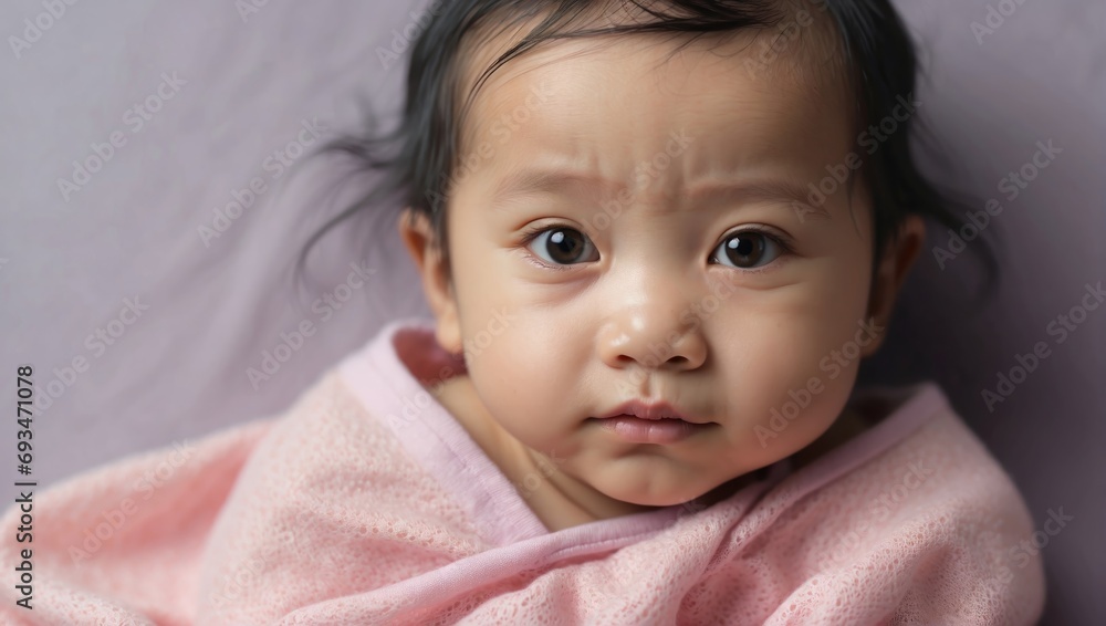 Asian newborn baby girl with large eyes and a slight frown, wrapped in a soft pink fabric Asian newborn baby girl with large eyes and a slight frown, wrapped in a soft pink fabric