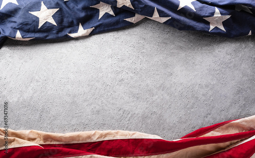 Happy Presidents day concept made from American flag and the text on dark stone background.