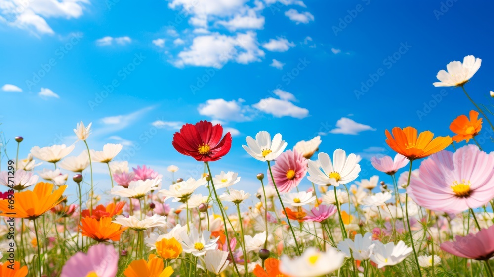 Meadow with varied, colorful wild flowers in the meadow. Summer, spring background.