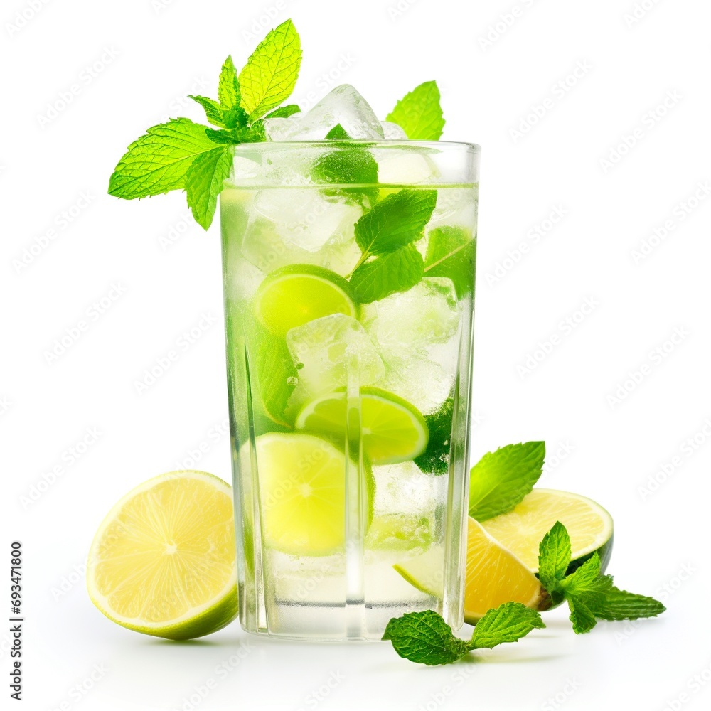 wet glass of cold lemonade with slices of lime, leaves of mint and cubes of ice isolated on white background. Made with generative ai wet glass of cold lemonade with slices of lime, leaves of mint and cubes of ice isolated on white background. Made with generative ai