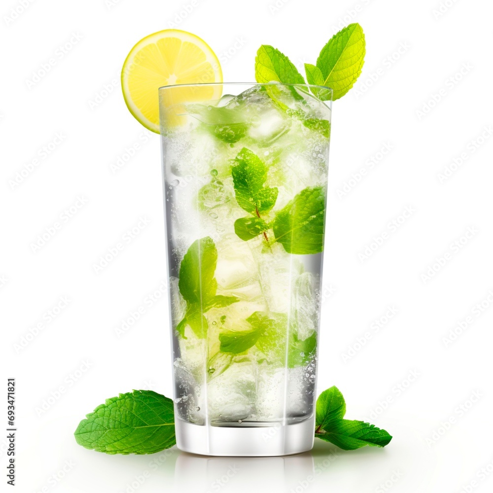 wet glass of cold lemonade with slices of lime, leaves of mint and cubes of ice isolated on white background. Made with generative ai wet glass of cold lemonade with slices of lime, leaves of mint and cubes of ice isolated on white background. Made with generative ai