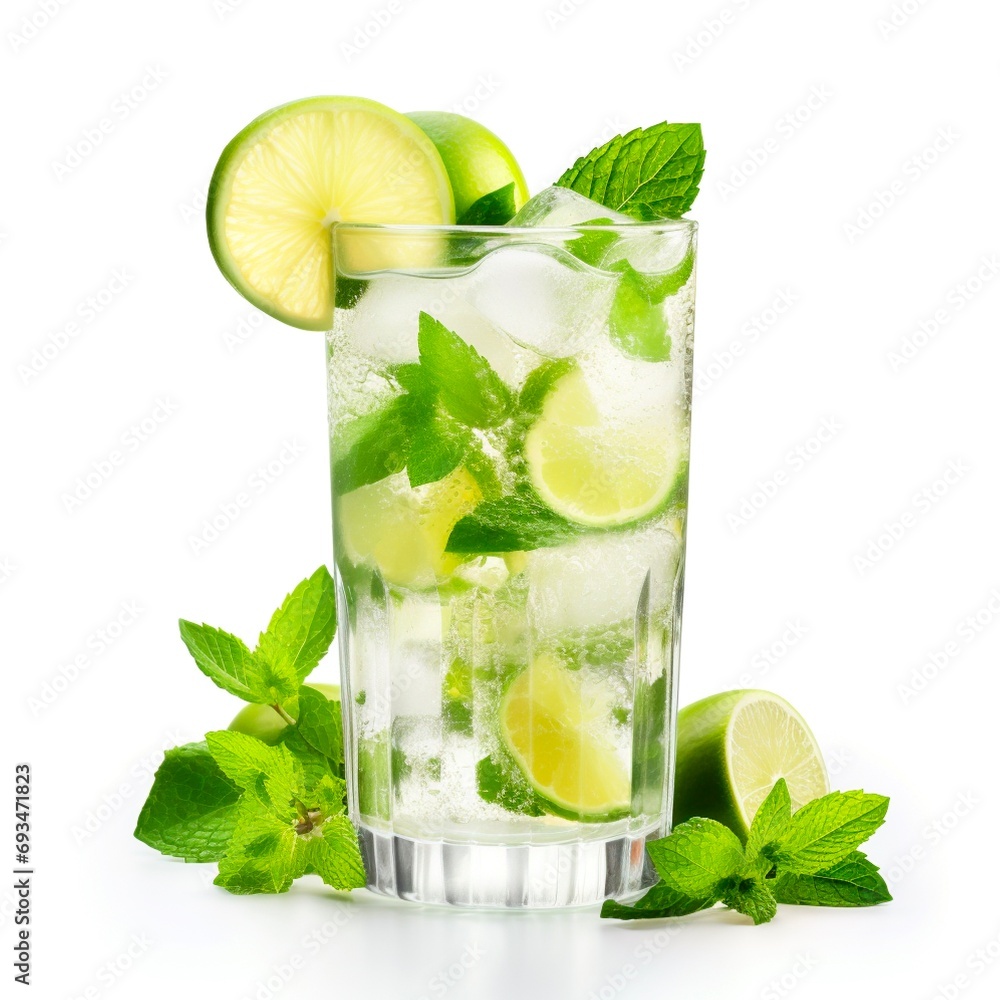 wet glass of cold lemonade with slices of lime, leaves of mint and cubes of ice isolated on white background. Made with generative ai  - obrazy, fototapety, plakaty 