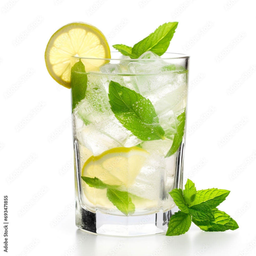 wet glass of cold lemonade with slices of lime, leaves of mint and cubes of ice isolated on white background. Made with generative ai wet glass of cold lemonade with slices of lime, leaves of mint and cubes of ice isolated on white background. Made with generative ai