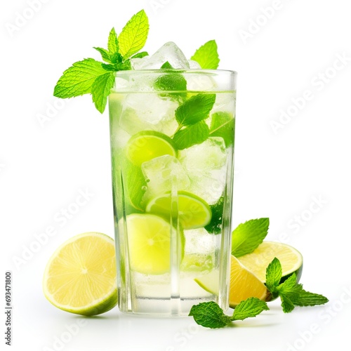 Wallpaper Mural wet glass of cold lemonade with slices of lime, leaves of mint and cubes of ice isolated on white background. Made with generative ai  Torontodigital.ca