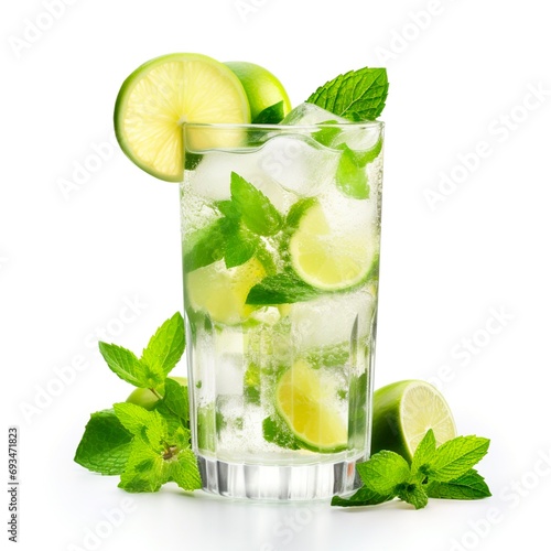 wet glass of cold lemonade with slices of lime, leaves of mint and cubes of ice isolated on white background. Made with generative ai 