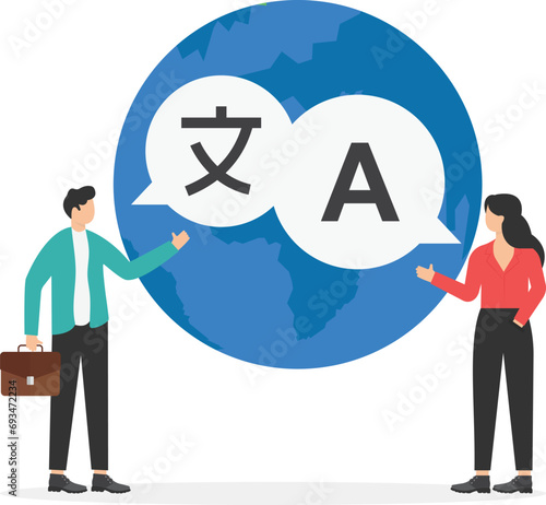 People have multi language communication. Online translator. Linguist. Flat vector illustration

